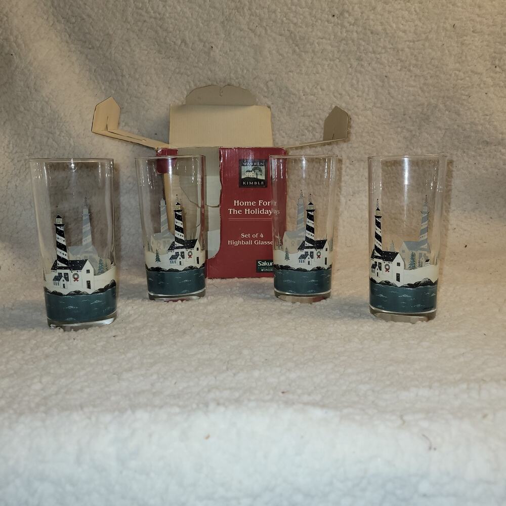 Warren Kimble Highball Glasses Set of 4 16oz Clear Lighthouse Excellent Holiday